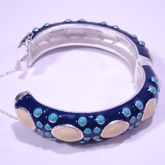 J.Crew Women's VINTAGE Blue Cream Cabochon Enamel Silver Cuff Bracelet NWOT 98 - Picture 6 of 9